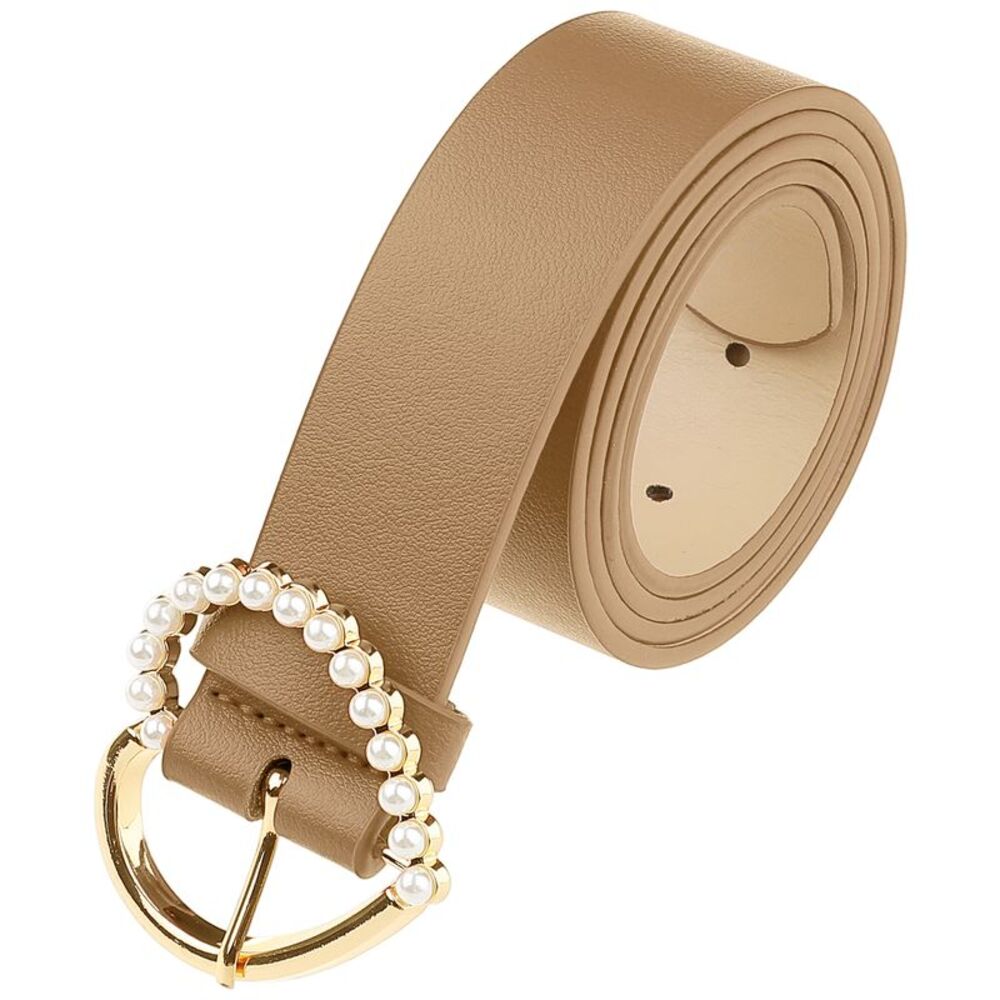 Stylish Heart-Shaped Buckle with Beads Encrusted Buckle Waistband Khaki